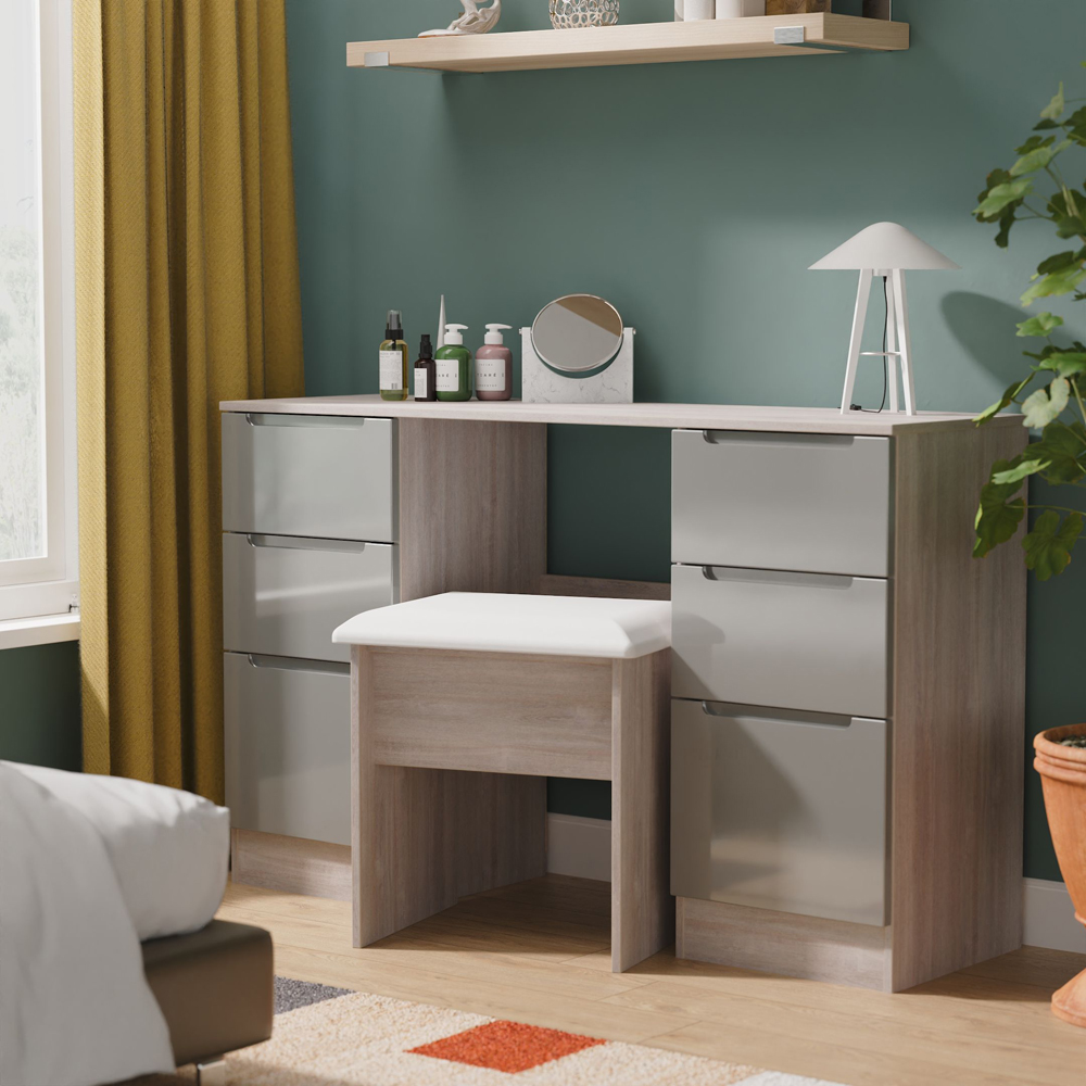 Crowndale Milan 6 Drawer Grey Gloss and Grey Oak Kneehole Desk Ready Assembled Image 7