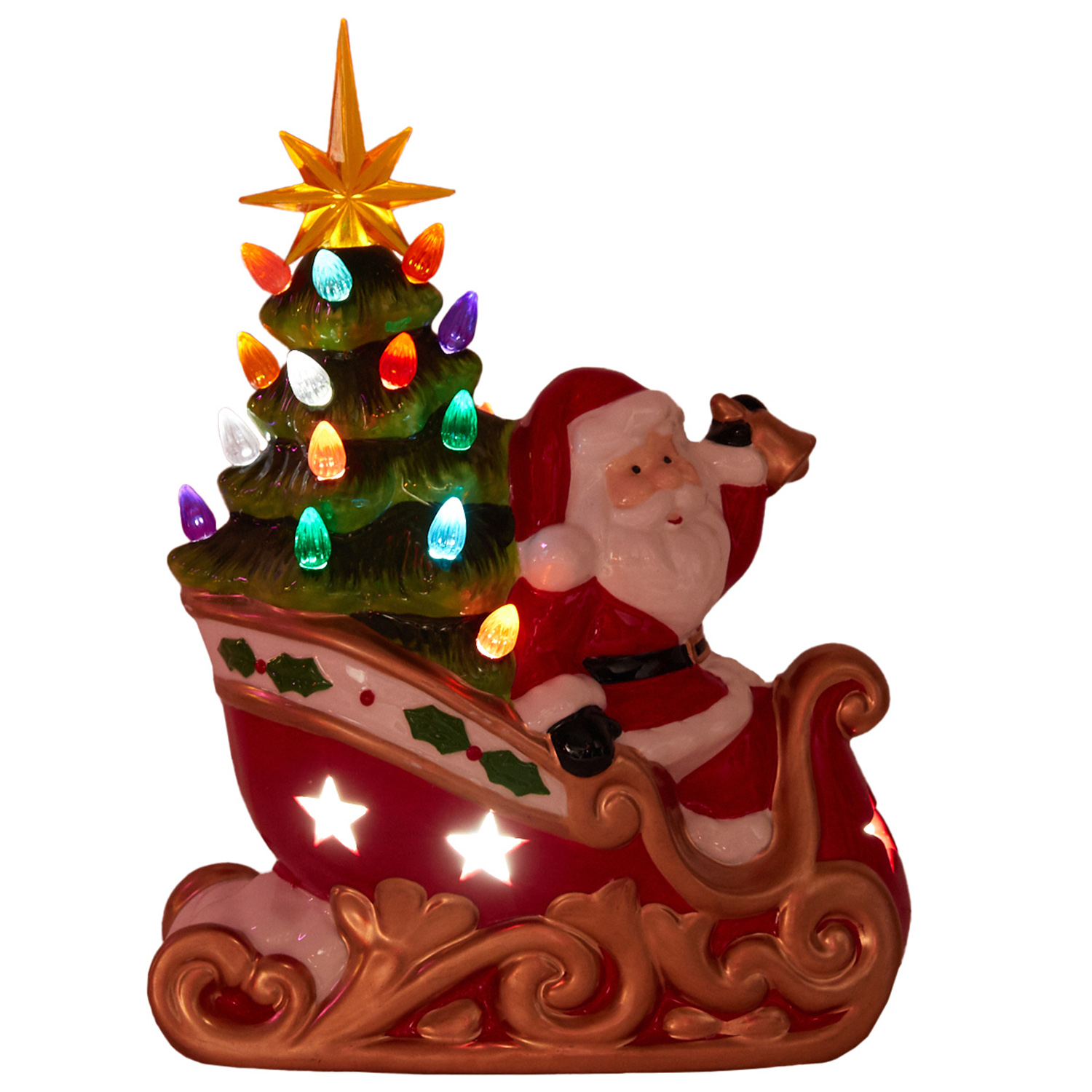 Xmas Ceramic Santa with LED Tree On Sled - Multicolour Image 2