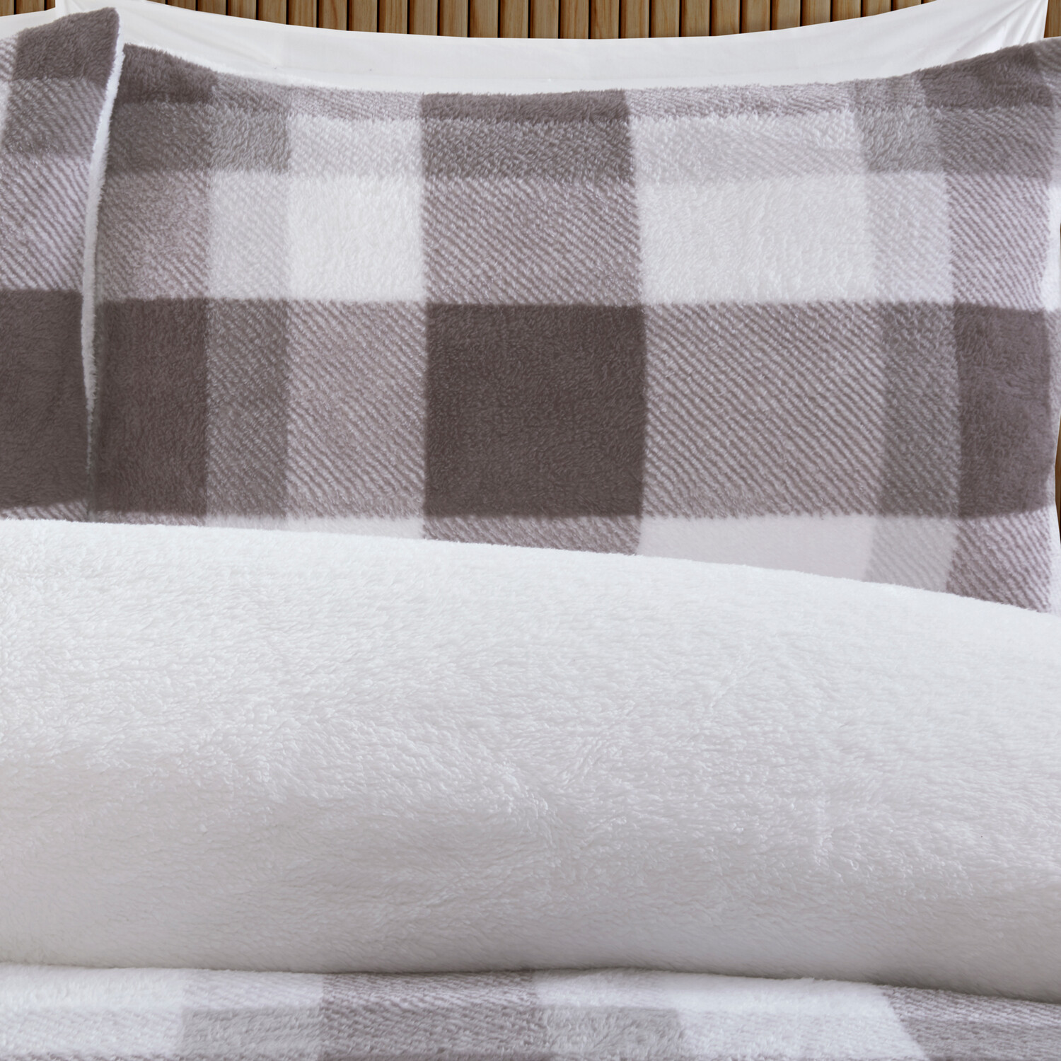 Teddy Fleece Check Duvet Set Grey King Image 5