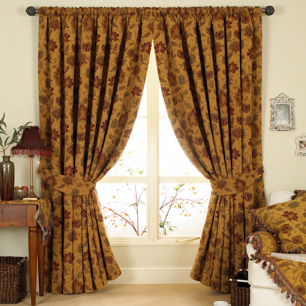 Paoletti Zurich Gold Floral Jacquard Pencil Pleat Curtain 229 x 168cm Image 1