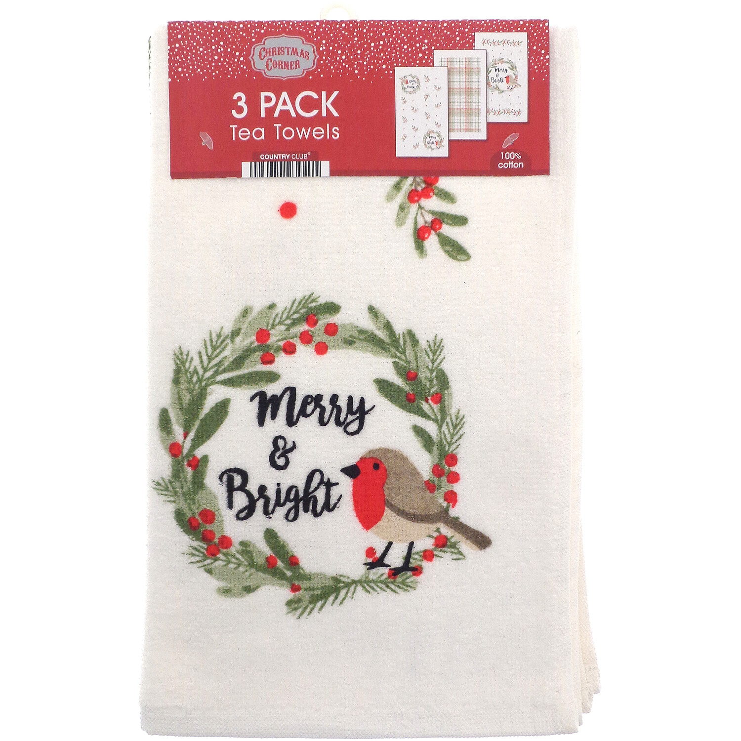 Pack of 3 Robin Print Christmas Tea Towels Cream Image