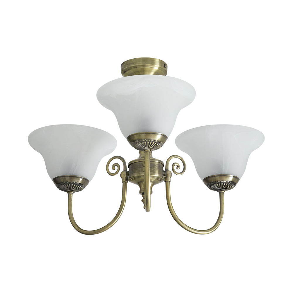 Wilko York 3 Arm Antique Brass Effect Ceiling Light with Frosted Glass Shades Image 1