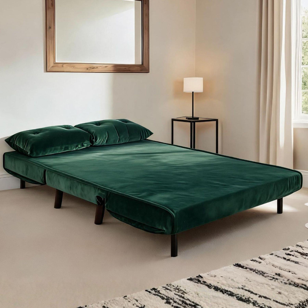 Home Source Morella 2 Seater Green Velvet Folding Sofa Bed with Pillow Image 4