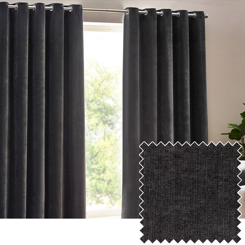 Yard Charcoal Heavy Chenille Velvet Eyelet Curtain 168 x 137cm Image 2
