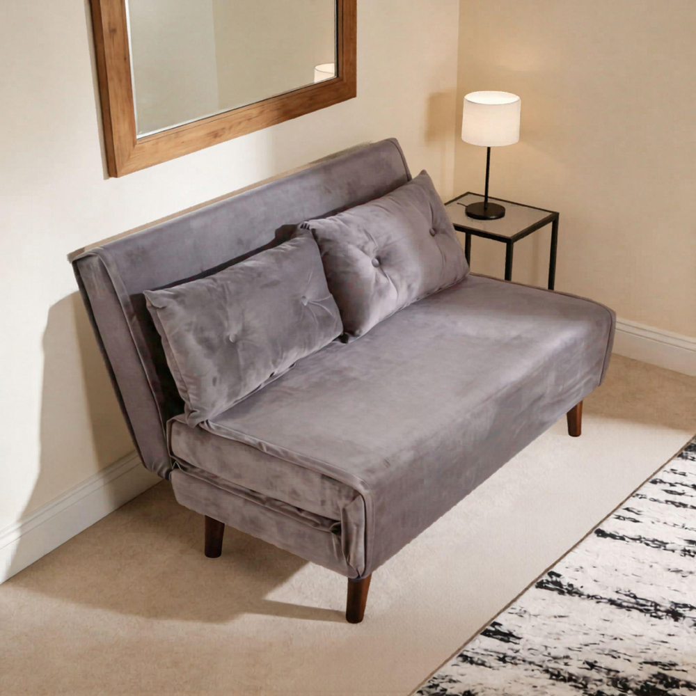 Home Source Morella 2 Seater Grey Velvet Folding Sofa Bed with Pillow Image 2