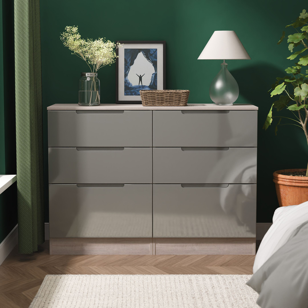 Crowndale Milan 6 Drawer Grey Gloss and Grey Oak Wide Chest of Drawers Ready Assembled Image 7