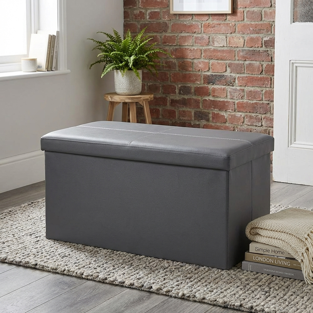 Seville Grey Leather Storage Trunk Image 2