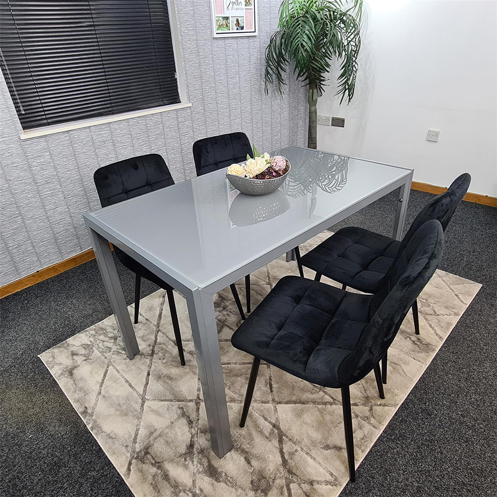 Kosy Koala 4 Seater Glass and Velvet Dining Set Grey and Black Image 3