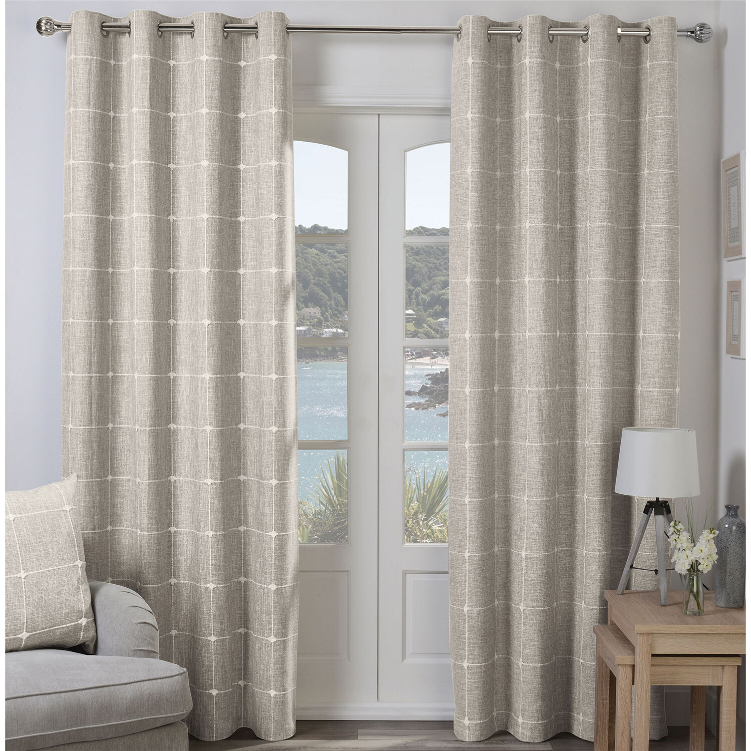 Divante Salcombe Natural Linen Check Curtains 228 x 168cm Image 1