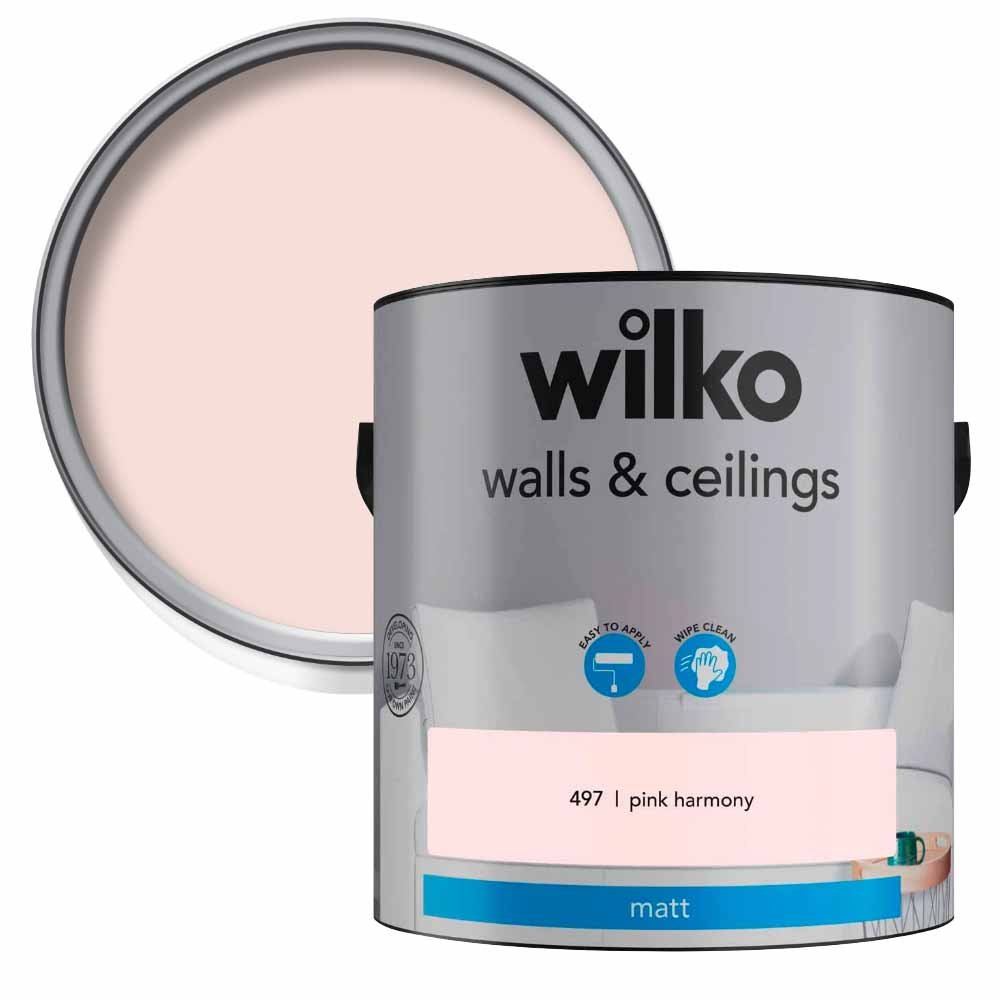 Wilko Walls & Ceilings Pink Harmony Matt Emulsion Paint 2.5L Image 1