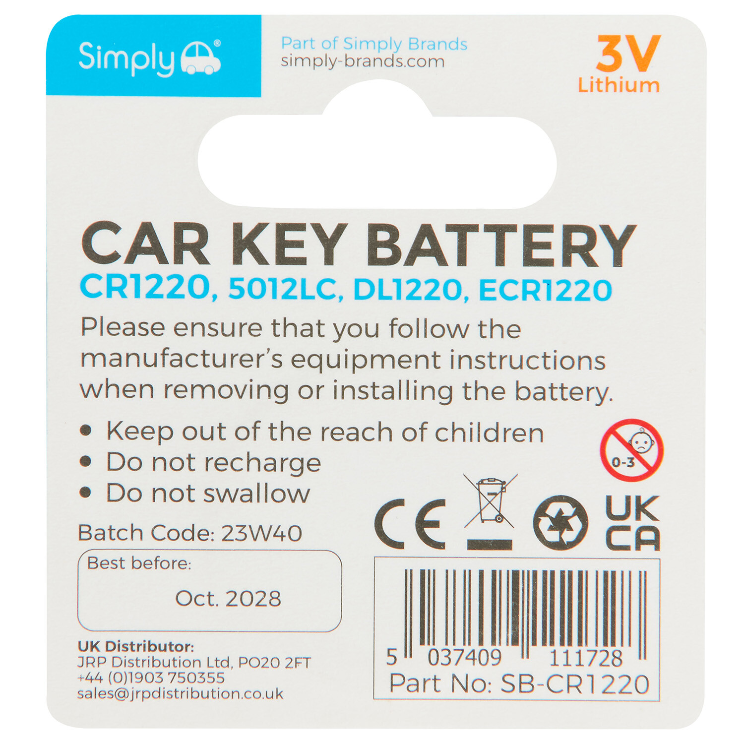 Simply Car Key Battery Coin - Black / 3V LI CR1220, 5012LC, DL1220, ECR1220 Image 2