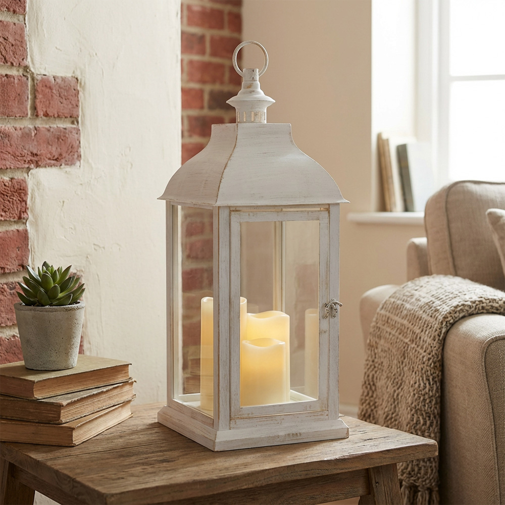 White Washed Triple LED Lantern Image 5