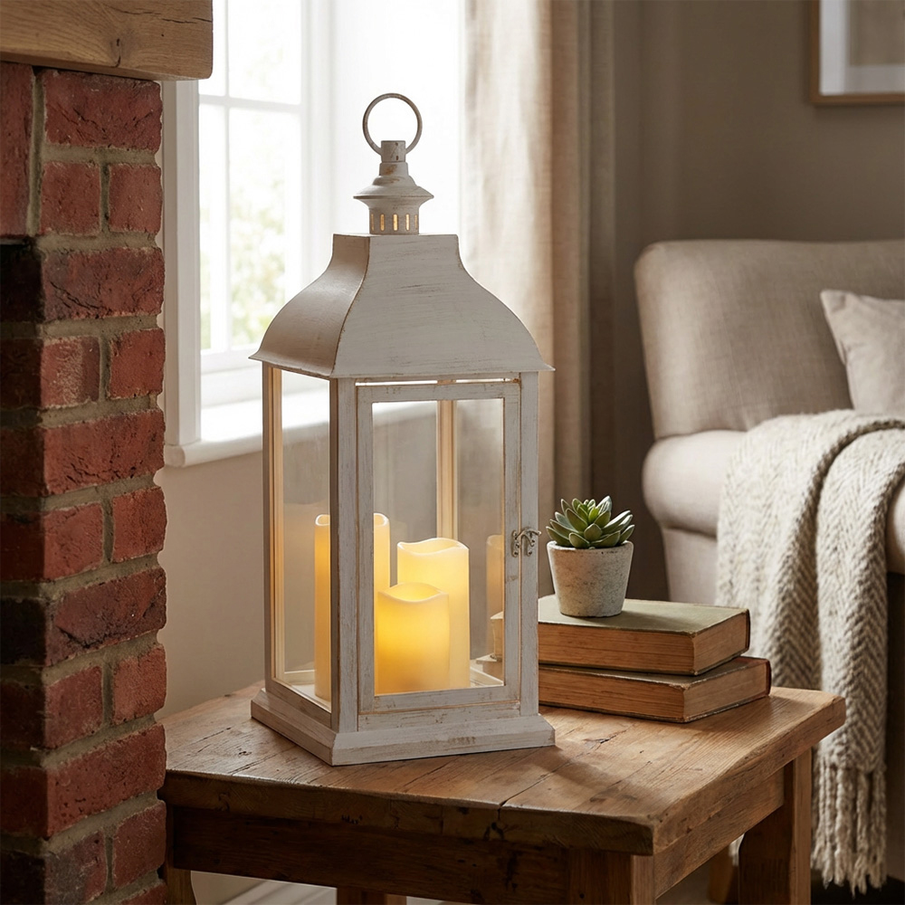 White Washed Triple LED Lantern Image 8