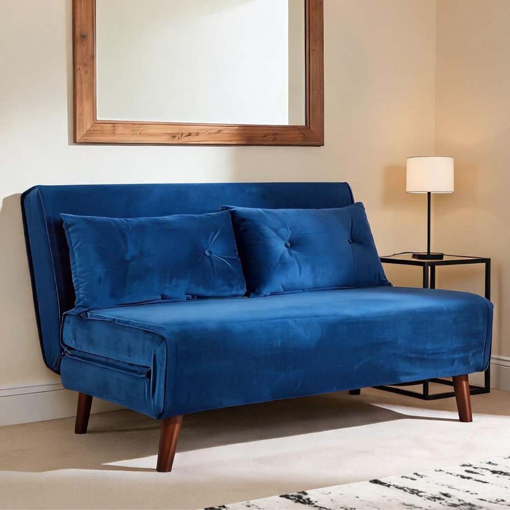 Home Source Morella 2 Seater Blue Velvet Folding Sofa Bed with Pillow Image 2