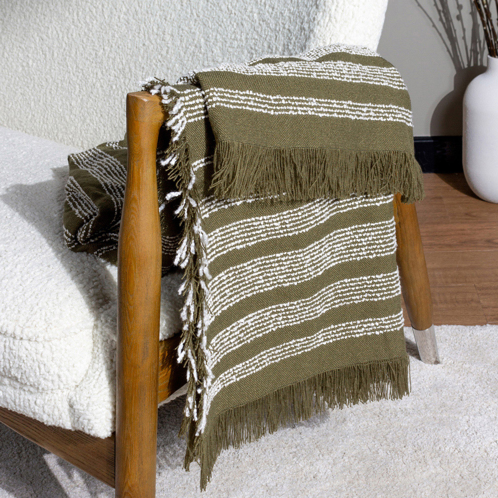 Hoem Jour Olive Green Woven Fringed Throw 130 x 180cm Image 2