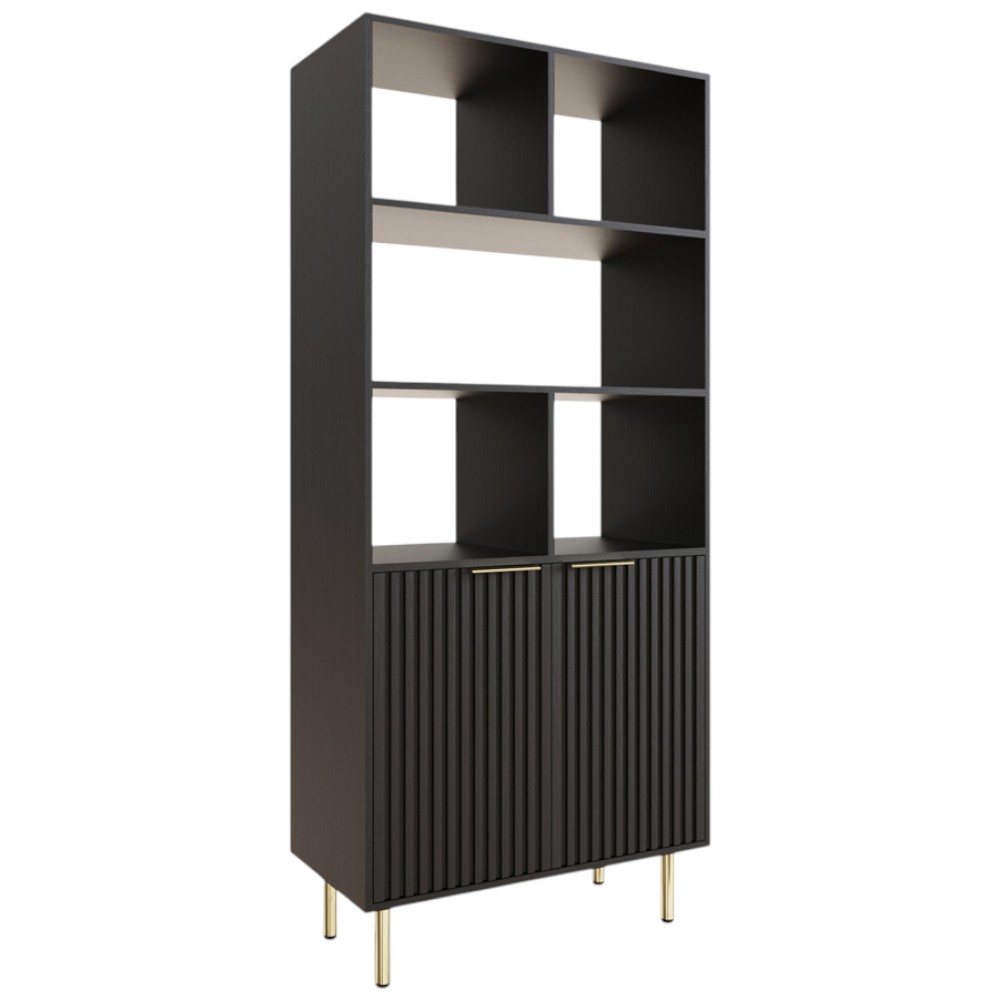 GFW Nervata 2 Door 5 Shelf Black and Gold Ribbed Tall Shelving Unit Image 2