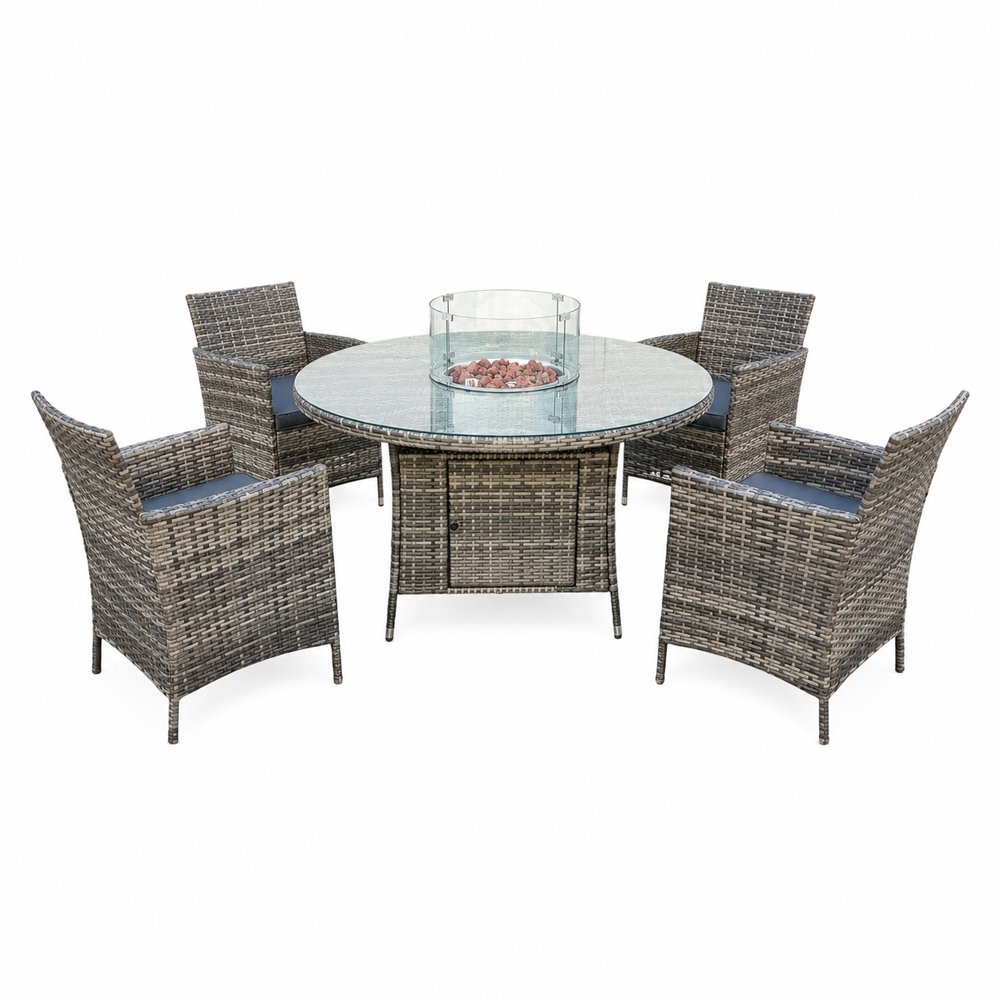Outdoor Living 4 Seater Rattan Round Firepit Dining Set Image 2
