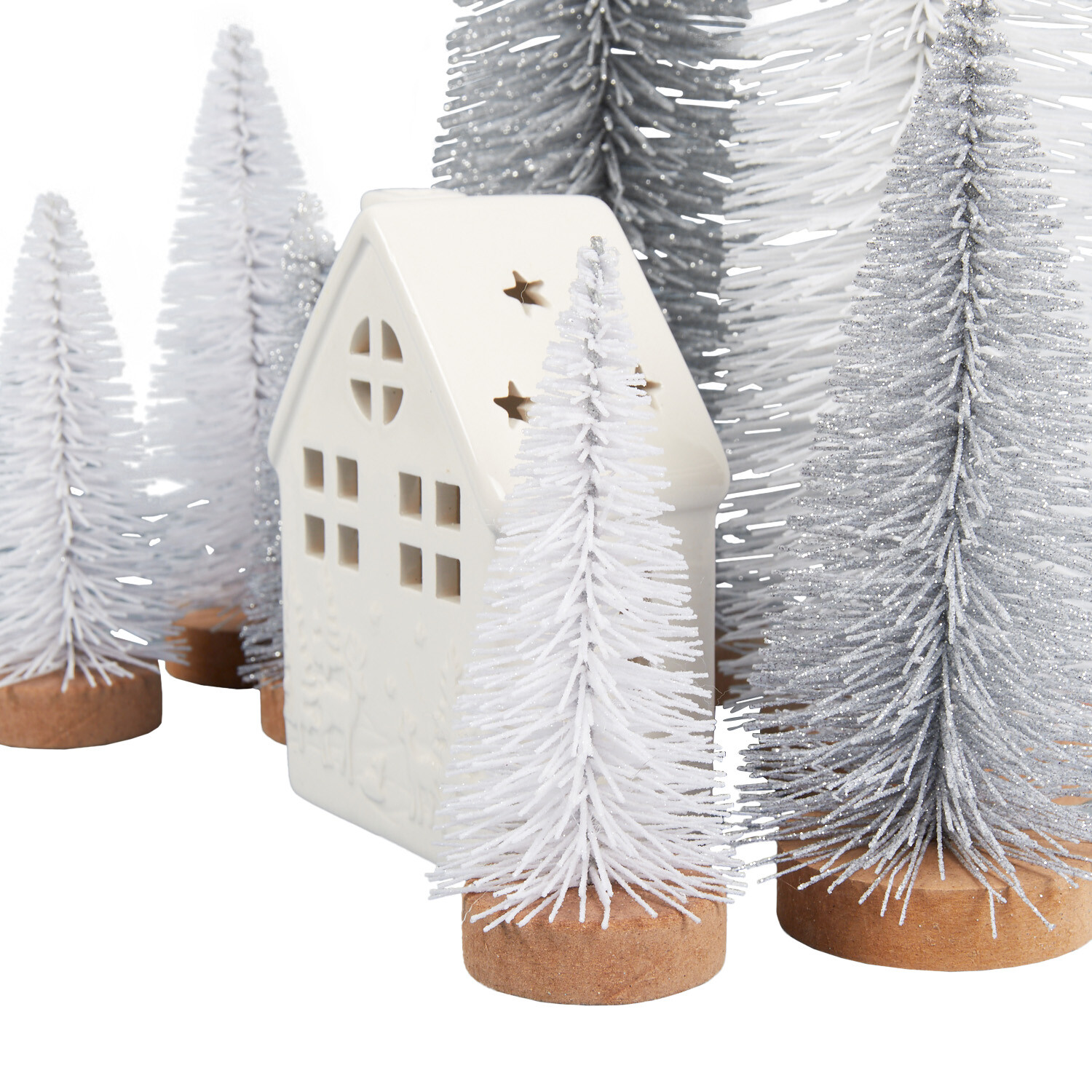 Silver and White LED Ceramic House and Tree Set - Silver and White Image 5