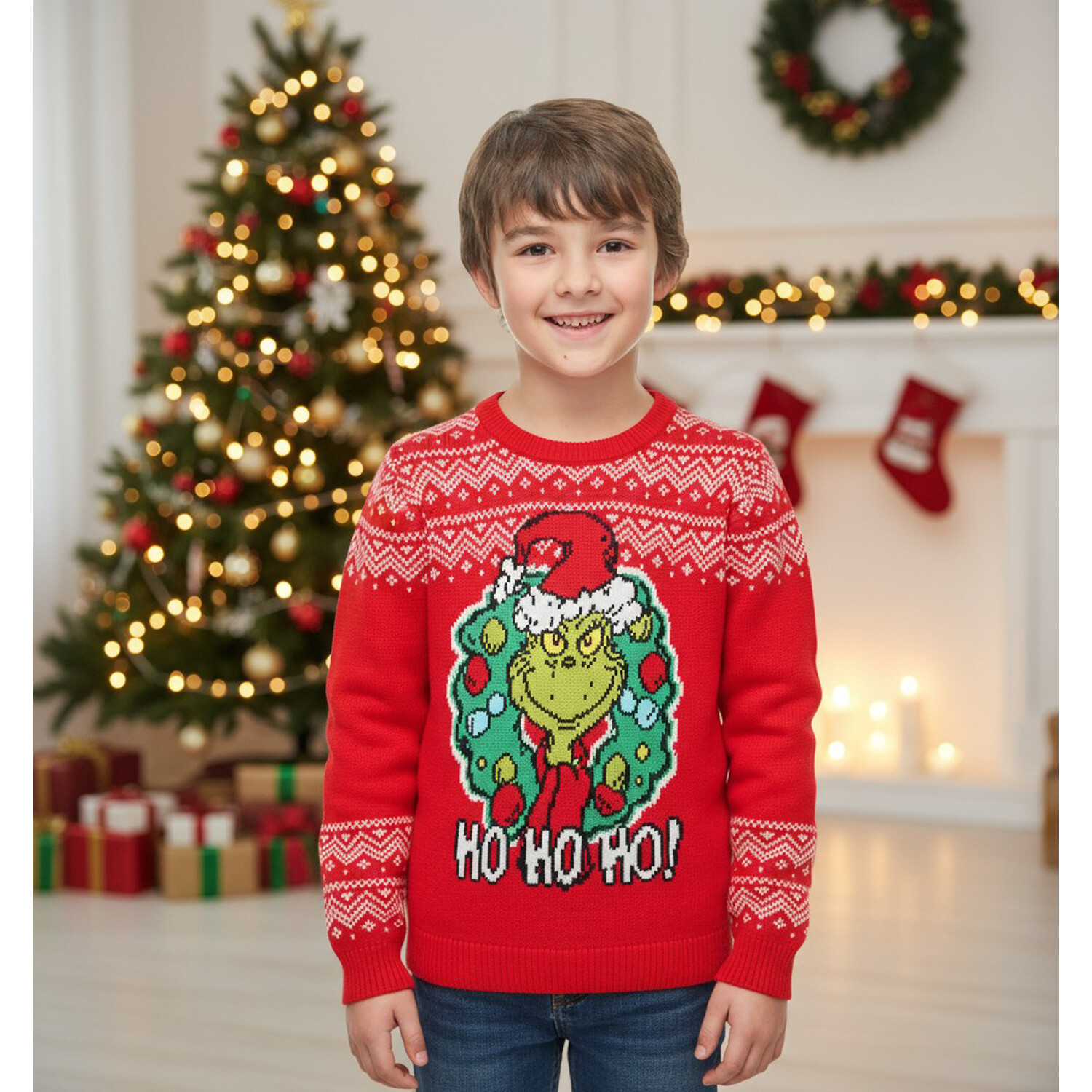 Kids Grinch Wreath Jumper Red Image 2