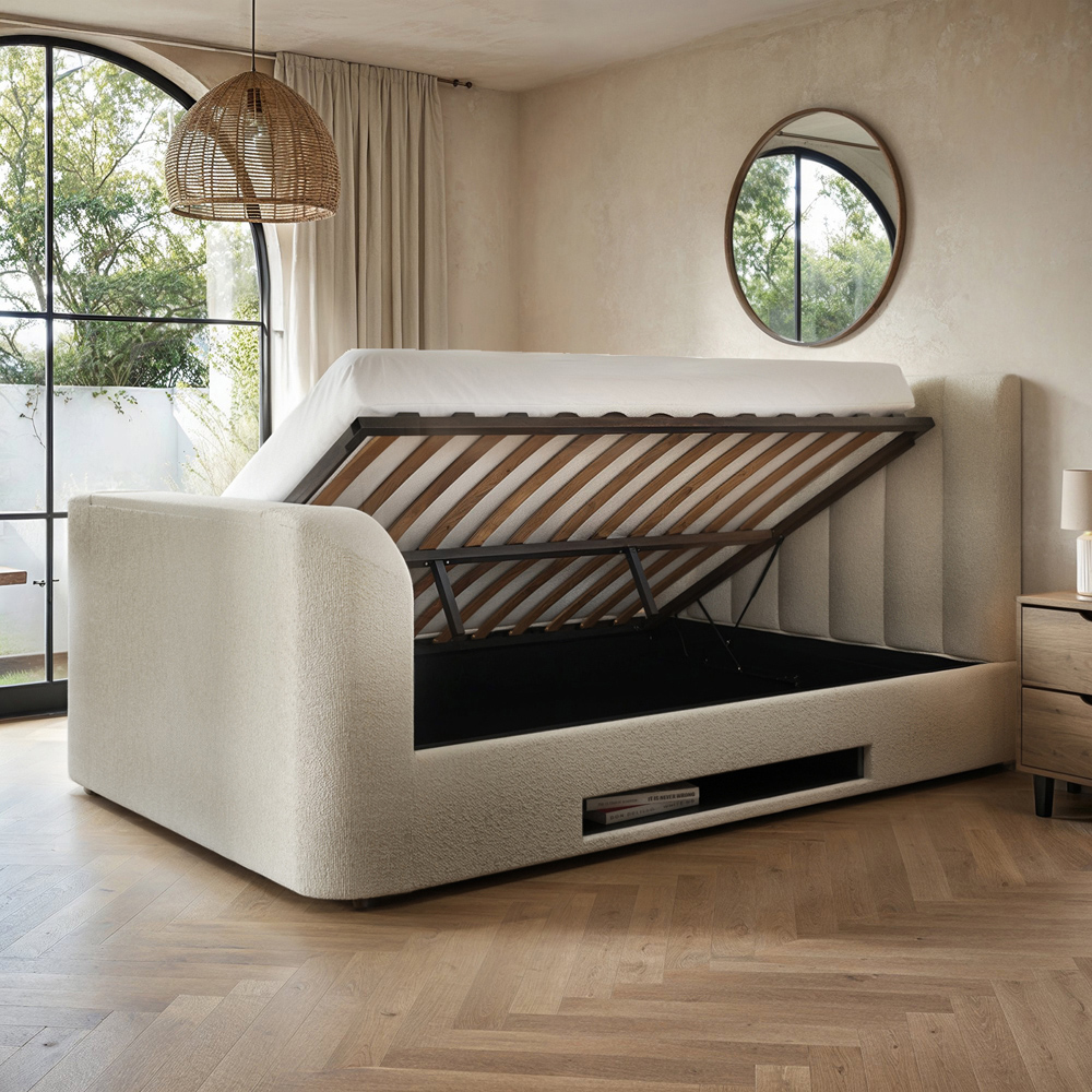 Flair Megane Double Cream Boucle Side Lift Ottoman Bed with TV Bracket Image 3