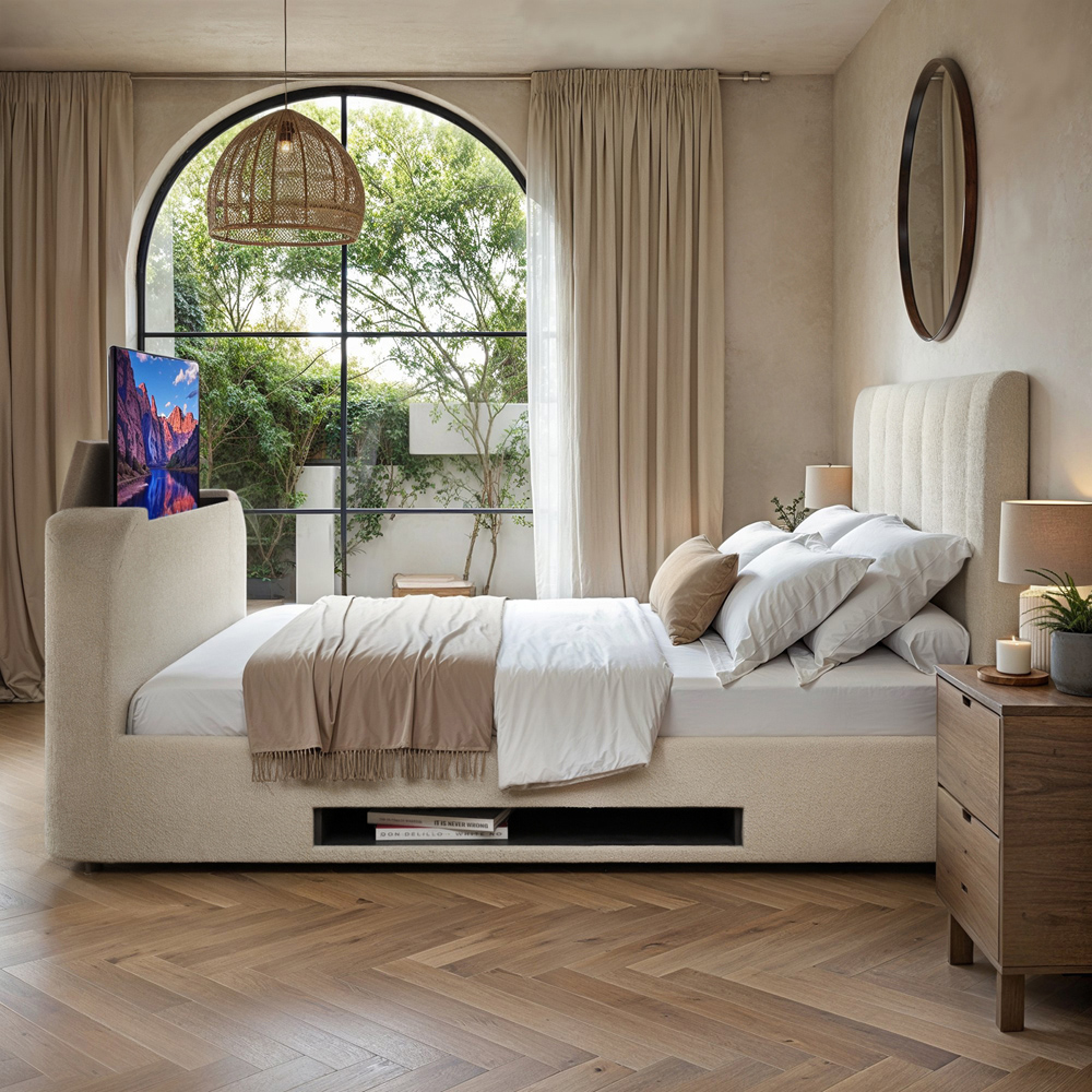 Flair Megane Double Cream Boucle Side Lift Ottoman Bed with TV Bracket Image 2