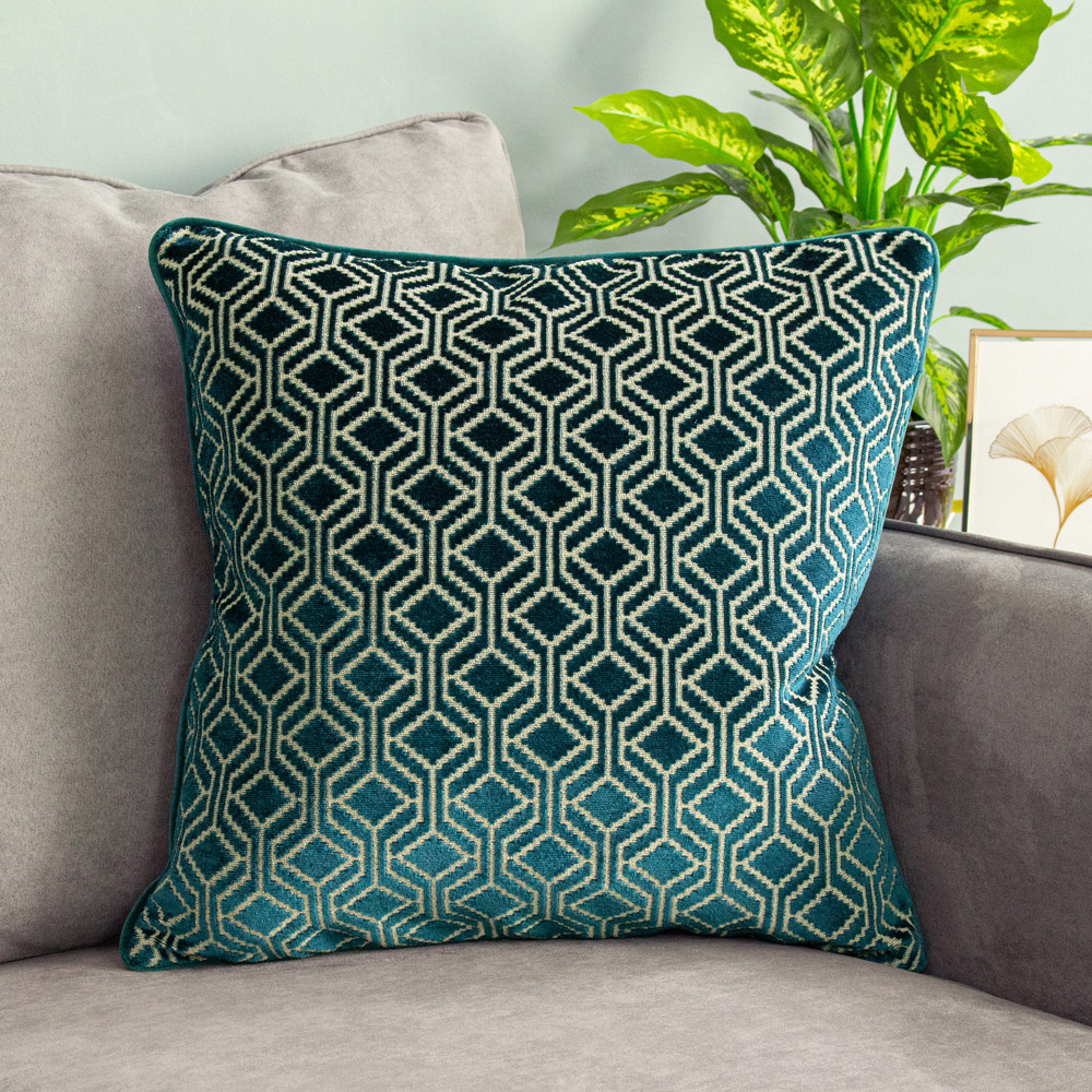 Paoletti Avenue Teal Velvet Jacquard Cushion Image 2