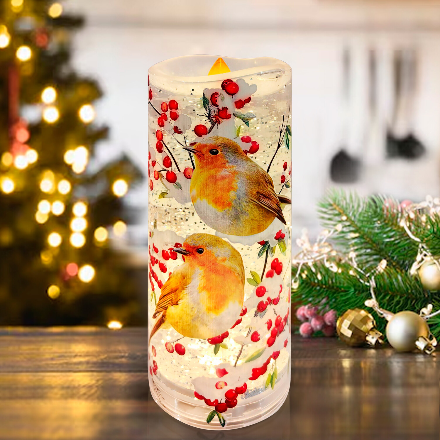 Robin Glitter Spinning LED Candle Multicolour Image 2