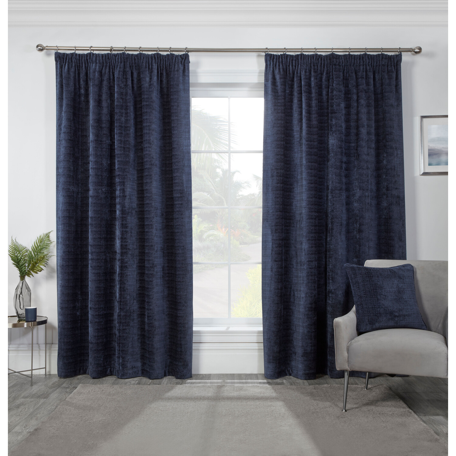 Rennes Chenille Taped Curtains - Navy / 183cm / 168cm Image 1