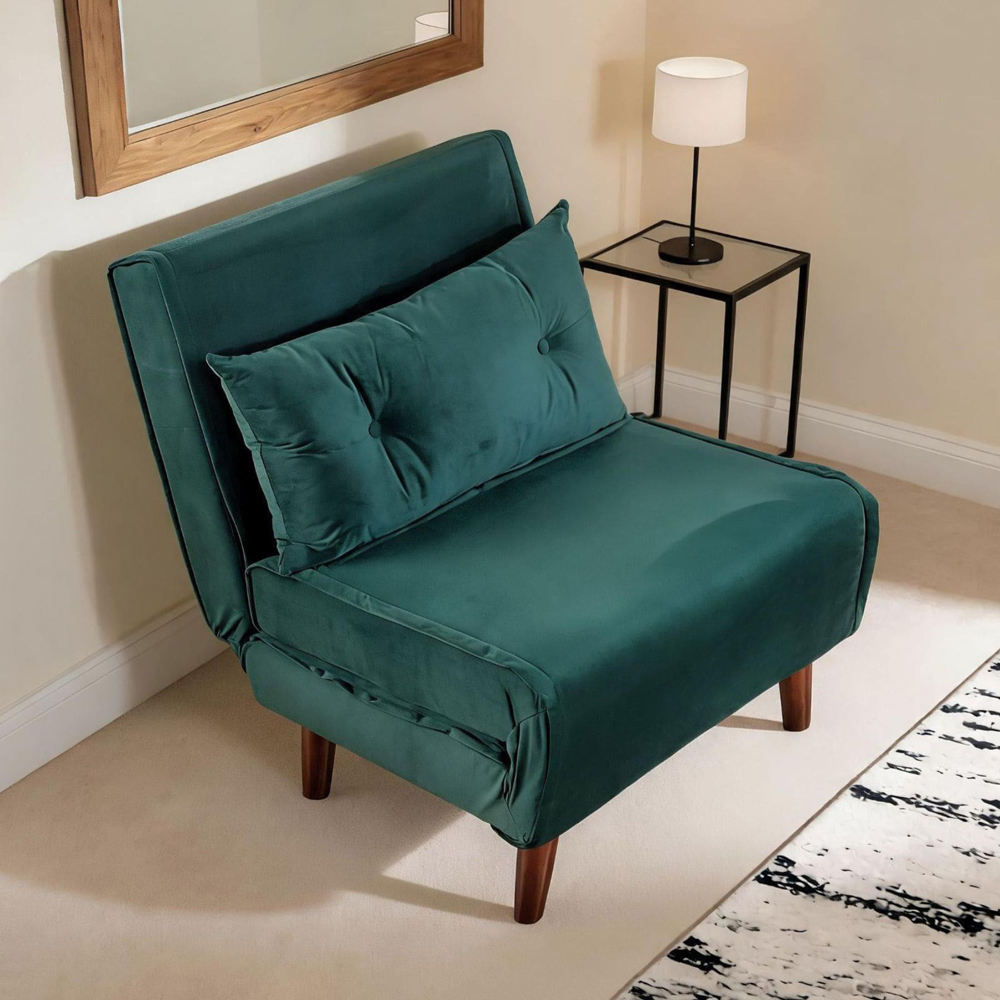 Home Source Morella Single Seater Green Velvet Folding Sofa Bed with Pillow Image 2