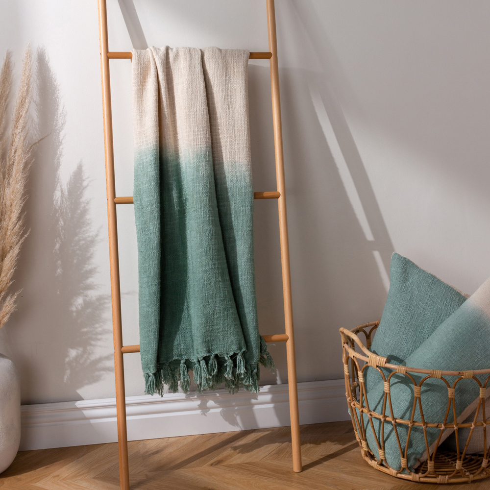 furn. Mizu Eucalyptus Green Dip-Dye Tasselled Throw 130 x 170cm Image 2