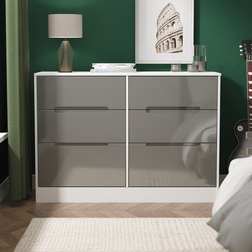 Crowndale Knightsbridge 6 Drawer Grey Gloss and White Wide Chest of Drawers Ready Assembled Image 5