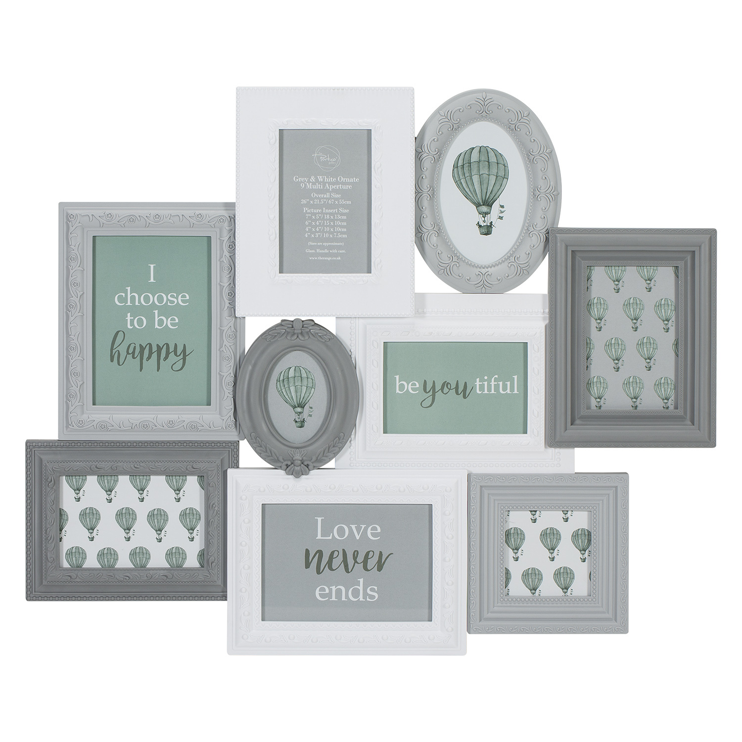 The Port. Co Gallery Ornate Grey and White 9 Aperture Photo Frame Image