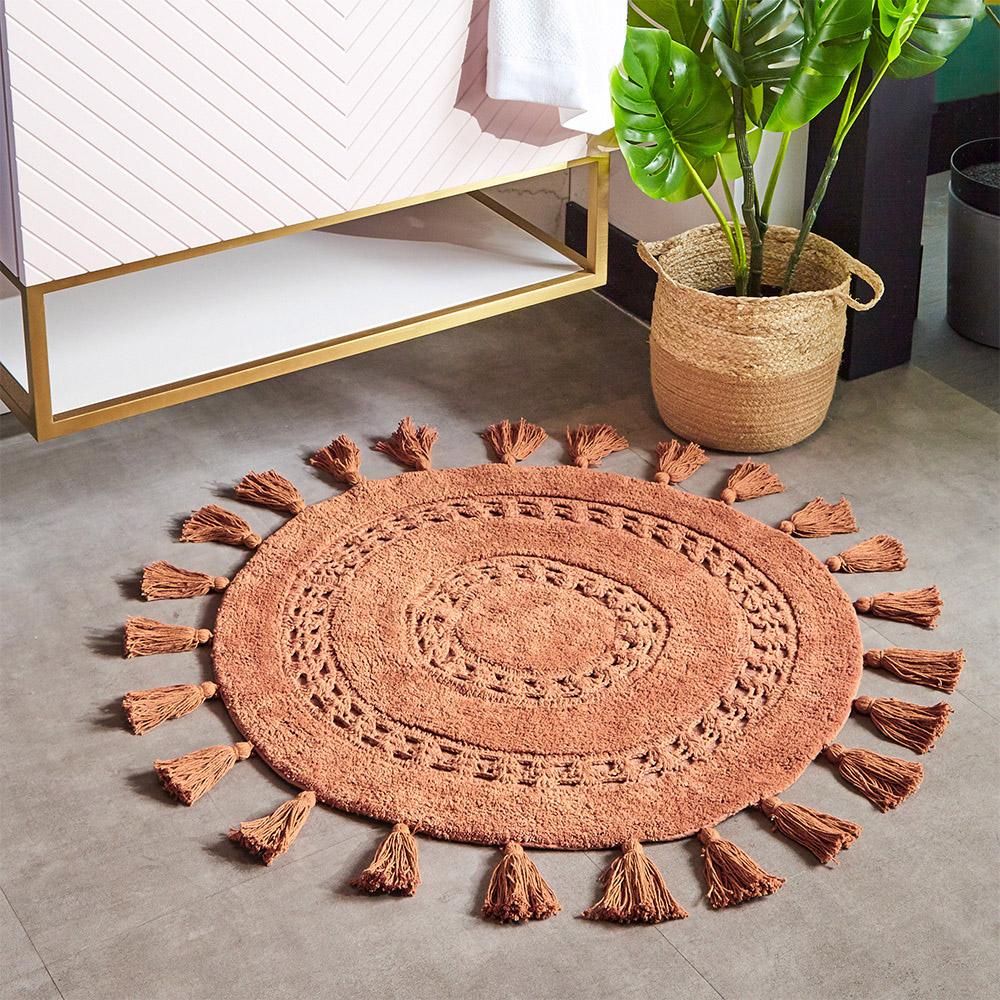 furn. Circle Tassel Cotton Anti-Slip Brown Bath Mat Image 2