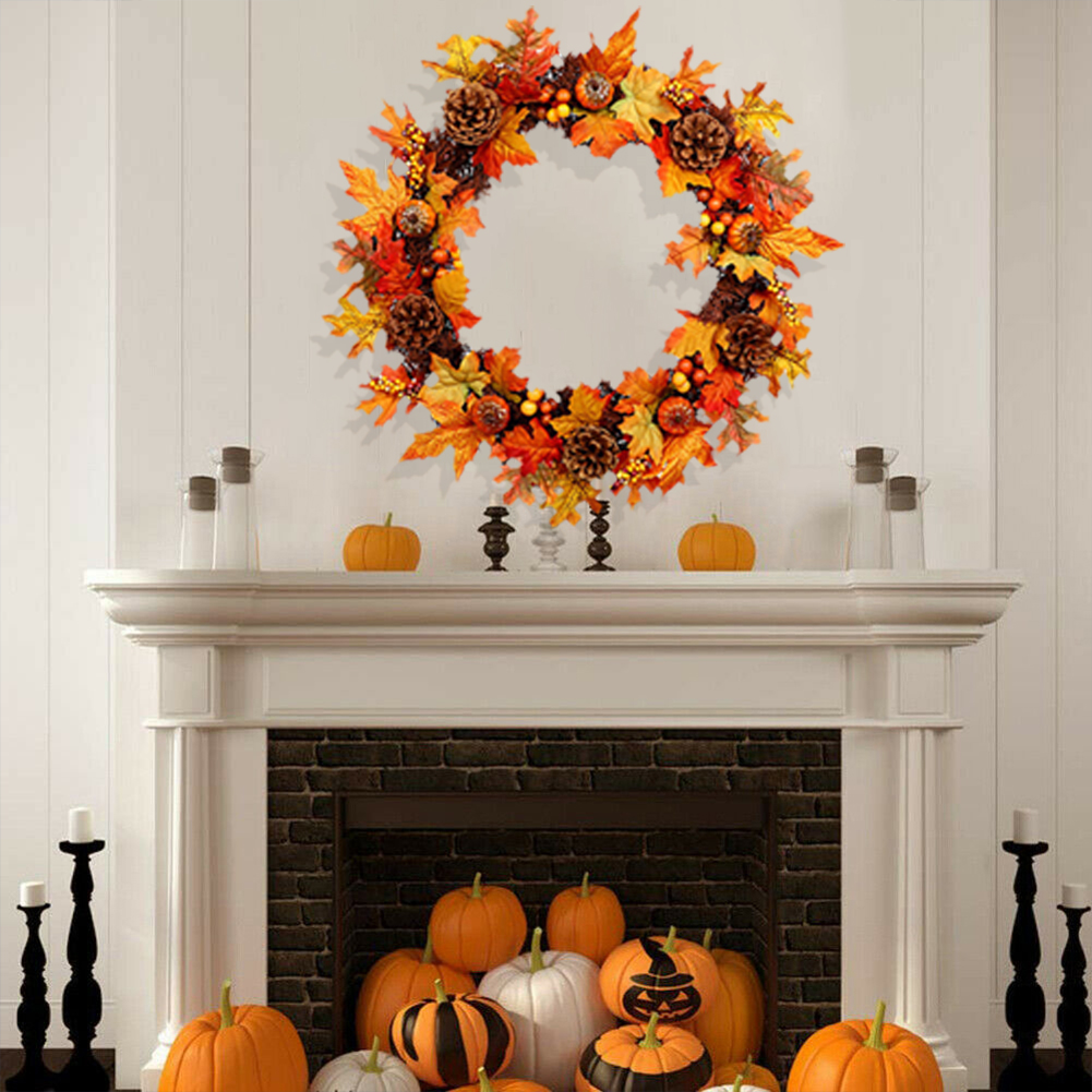 Living and Home Artificial Maple Leaf Wreath with Pumpkins 60cm Image 4