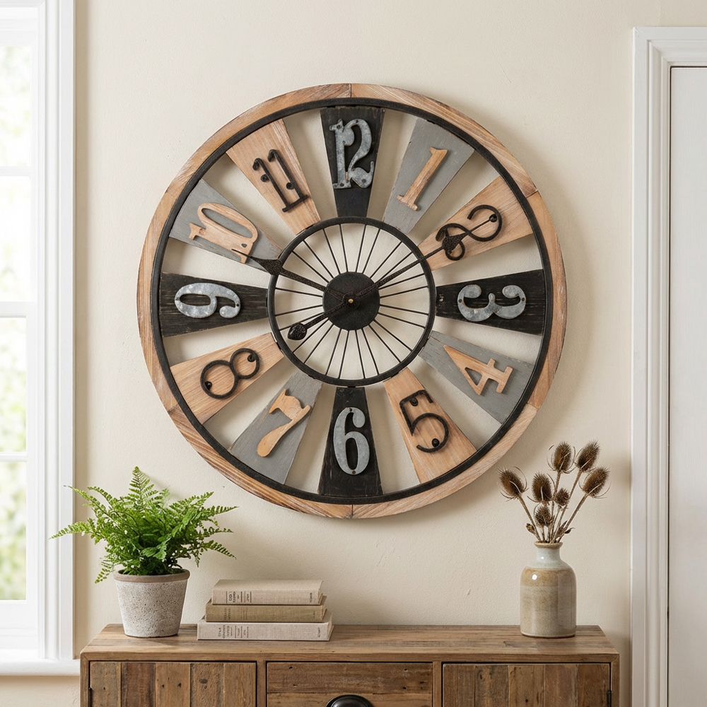 Rustic Wooden Numerical Round Wall Clock 60cm Image 4