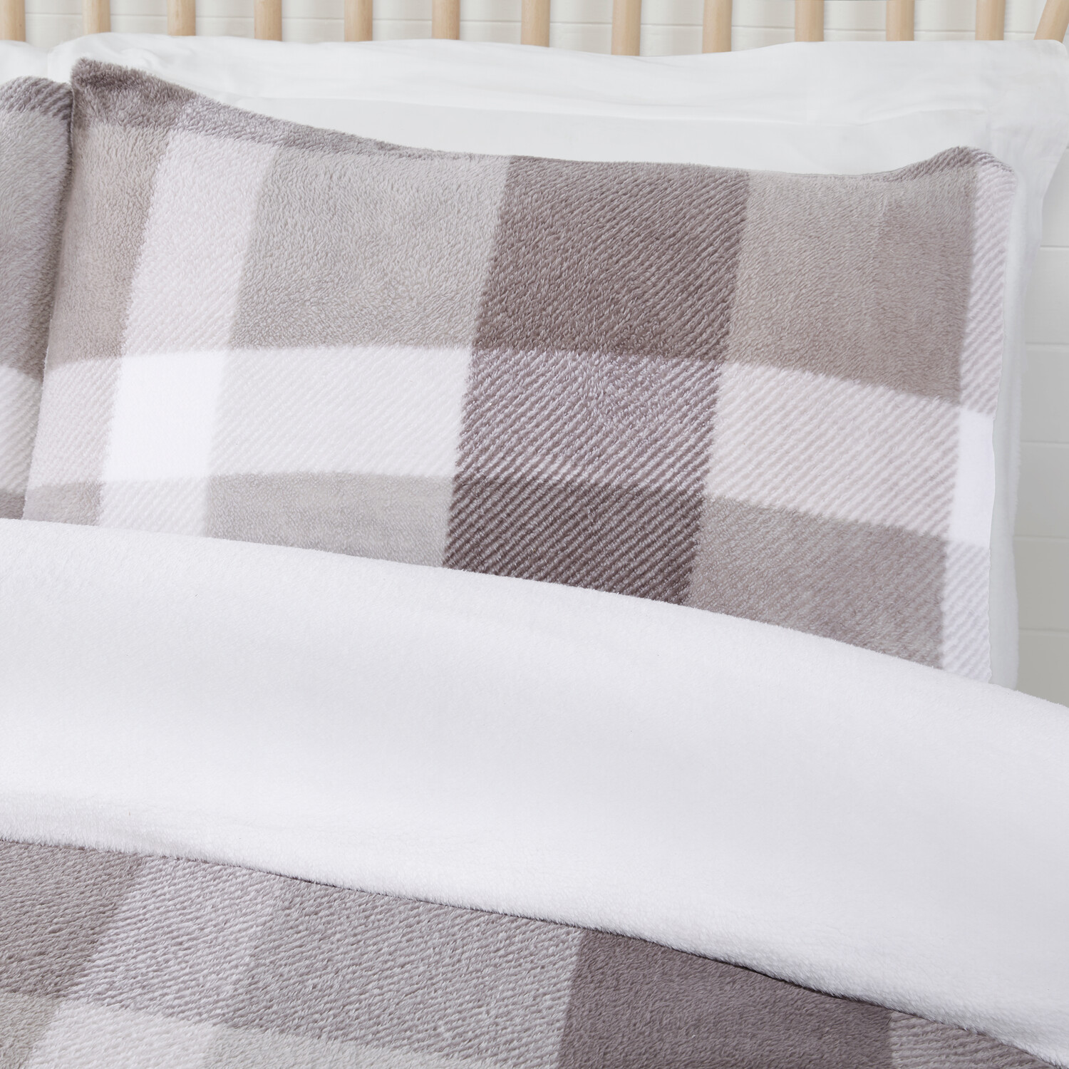 Teddy Fleece Check Duvet Set Grey Double Image 6
