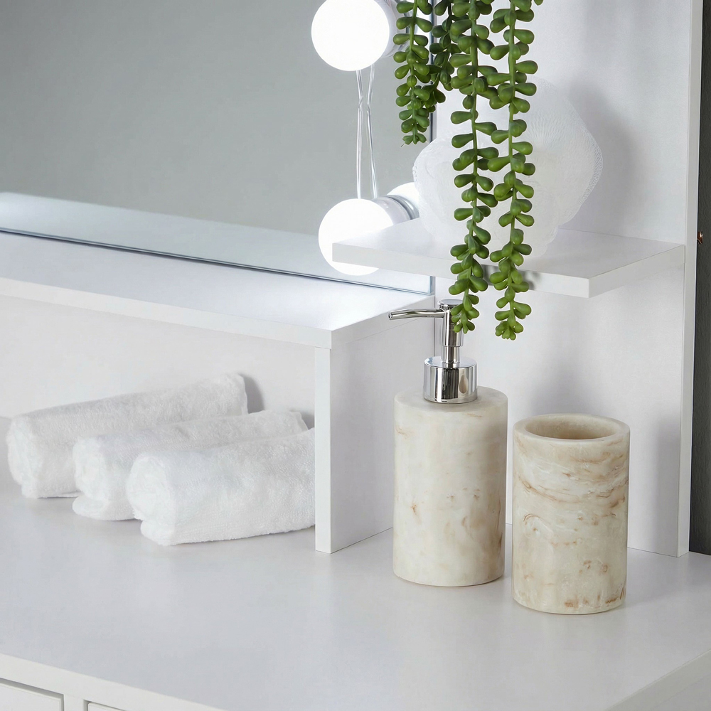 Home Source Sophie Single Door Single Drawer White Hollywood Dressing Table Set with LED Mirror Image 5