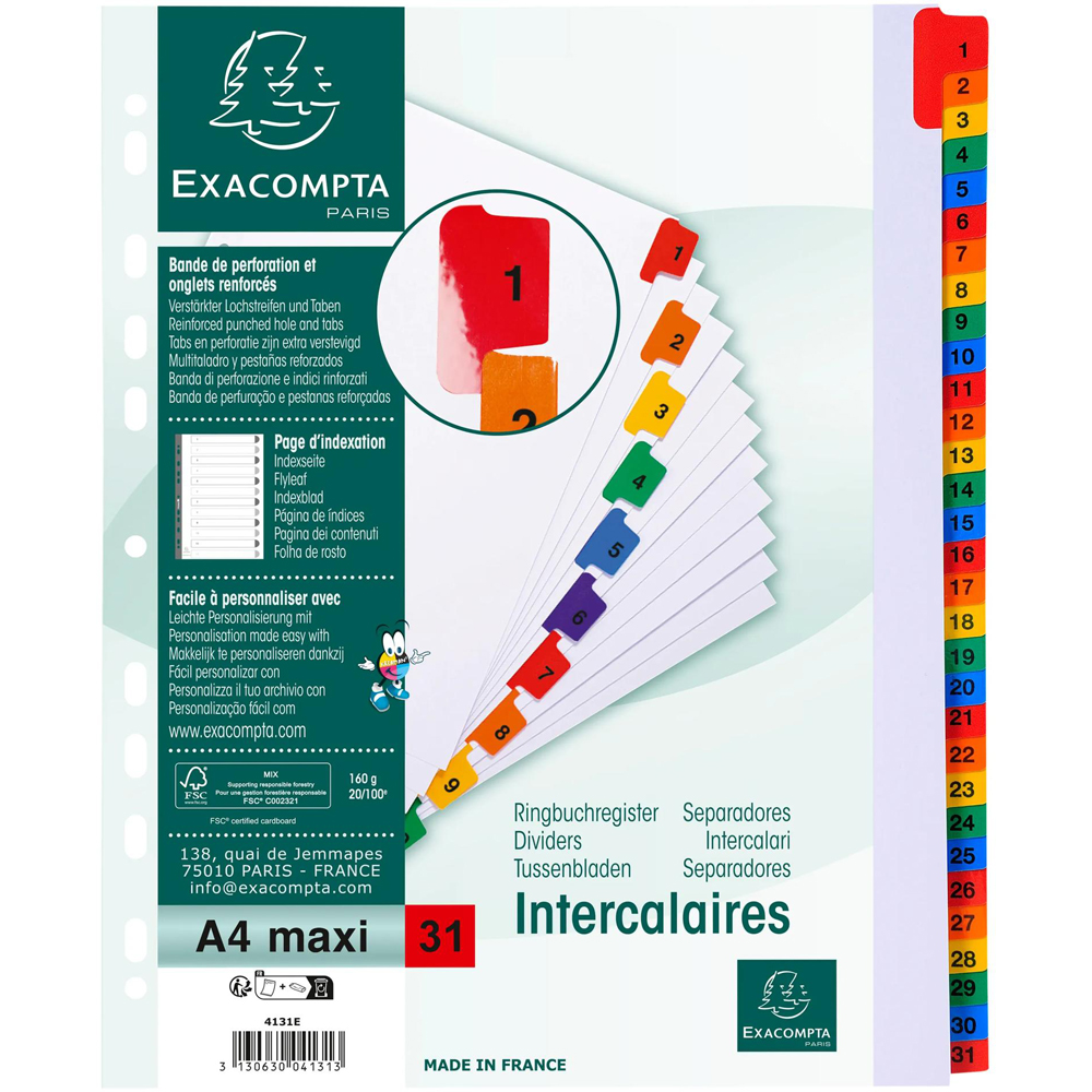 Exacompta A4 Maxi White Polypropylene 1-31 Divider with Multicolour Tabs 10 Pack Image 5