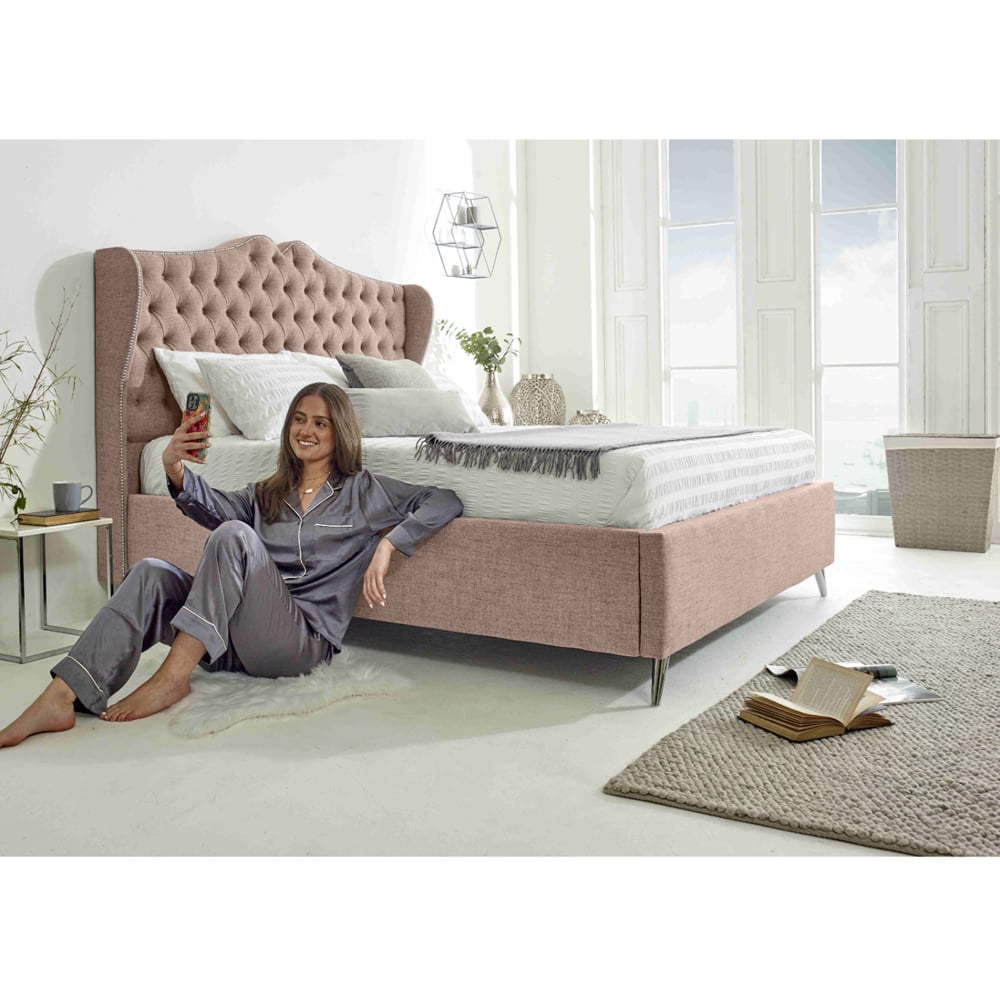 Eleganza Vanessa King Size Oatmeal Grampian Fabric Bed Frame with Headboard Image 4