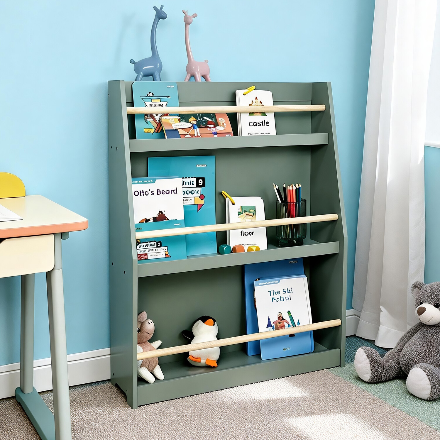 Front Facing Kids 3 Tier Bookshelf Sage Image 2