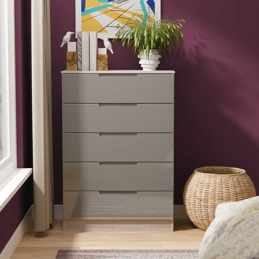 Crowndale Milan 5 Drawer Grey Gloss and Grey Oak Chest of Drawers Ready Assembled Image 7