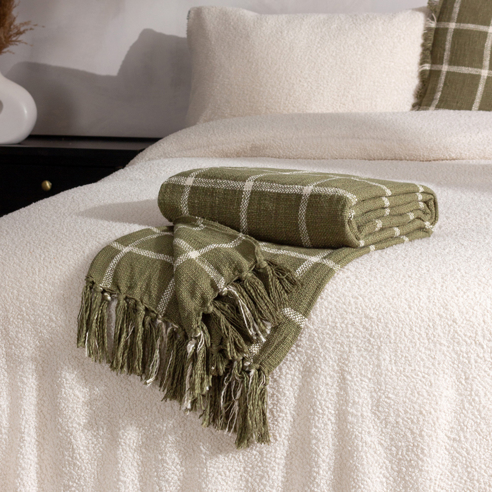 Yard Beni Moss Green and Natural Checked Fringed Throw 130 x 180cm Image 2