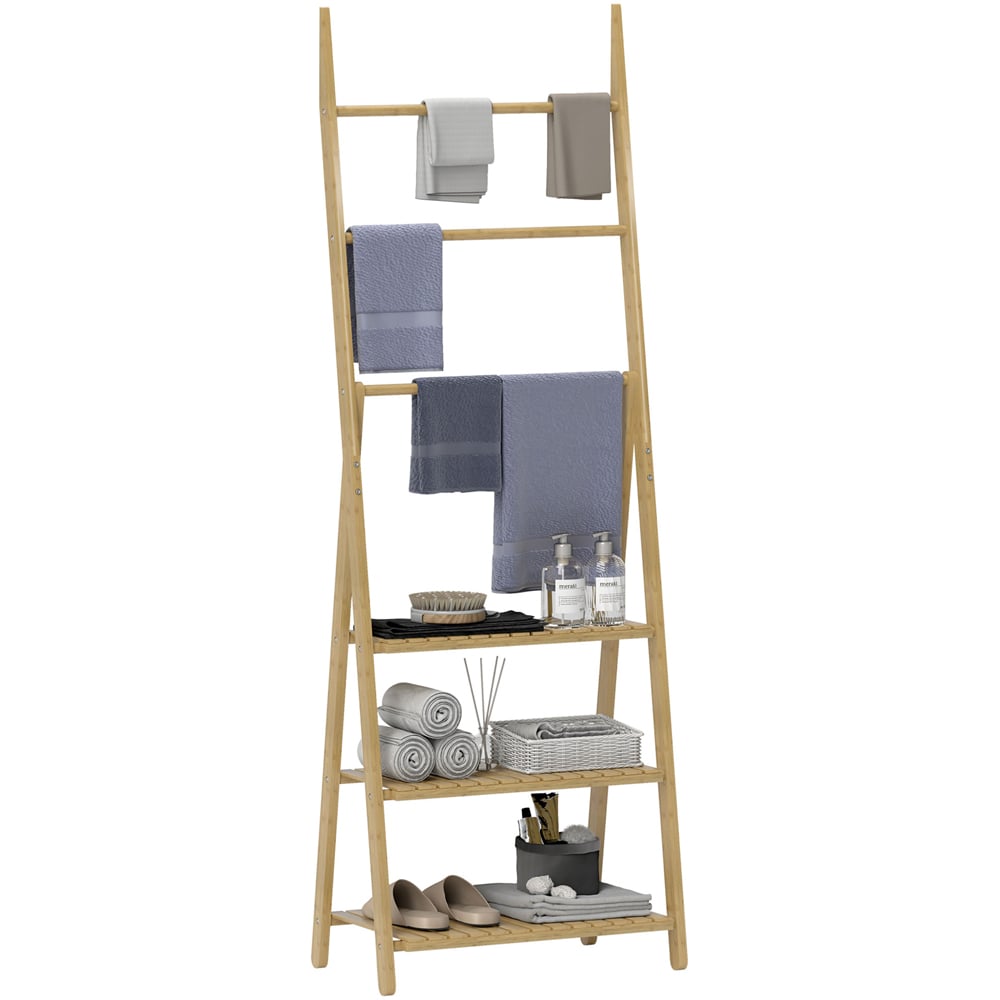HOMCOM 3 Shelf Foldable Bamboo Bathroom Storage Shelving Unit with Towel Bars Image 2