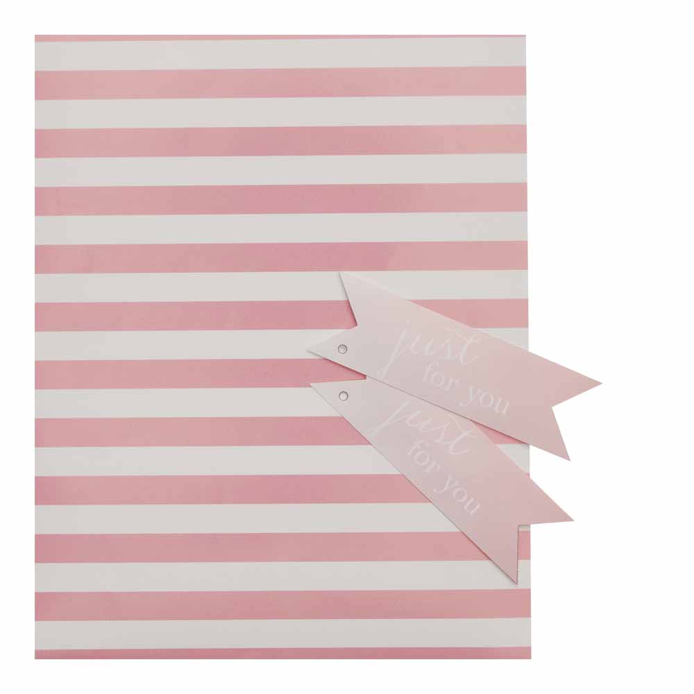 Wilko Pink Stripe Pattern Gift Wrap with Tag 2 Pack Image