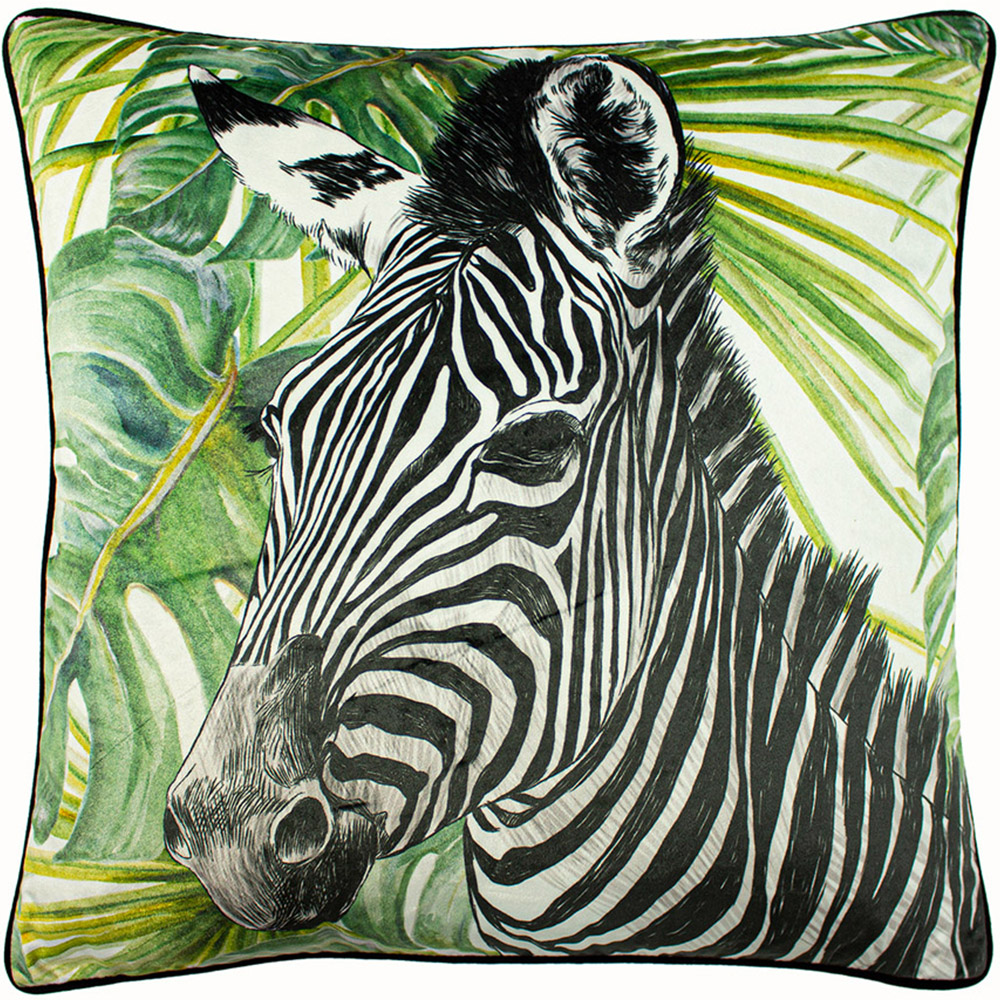 Paoletti Zebra Jungle Velvet Cushion Green Image 1