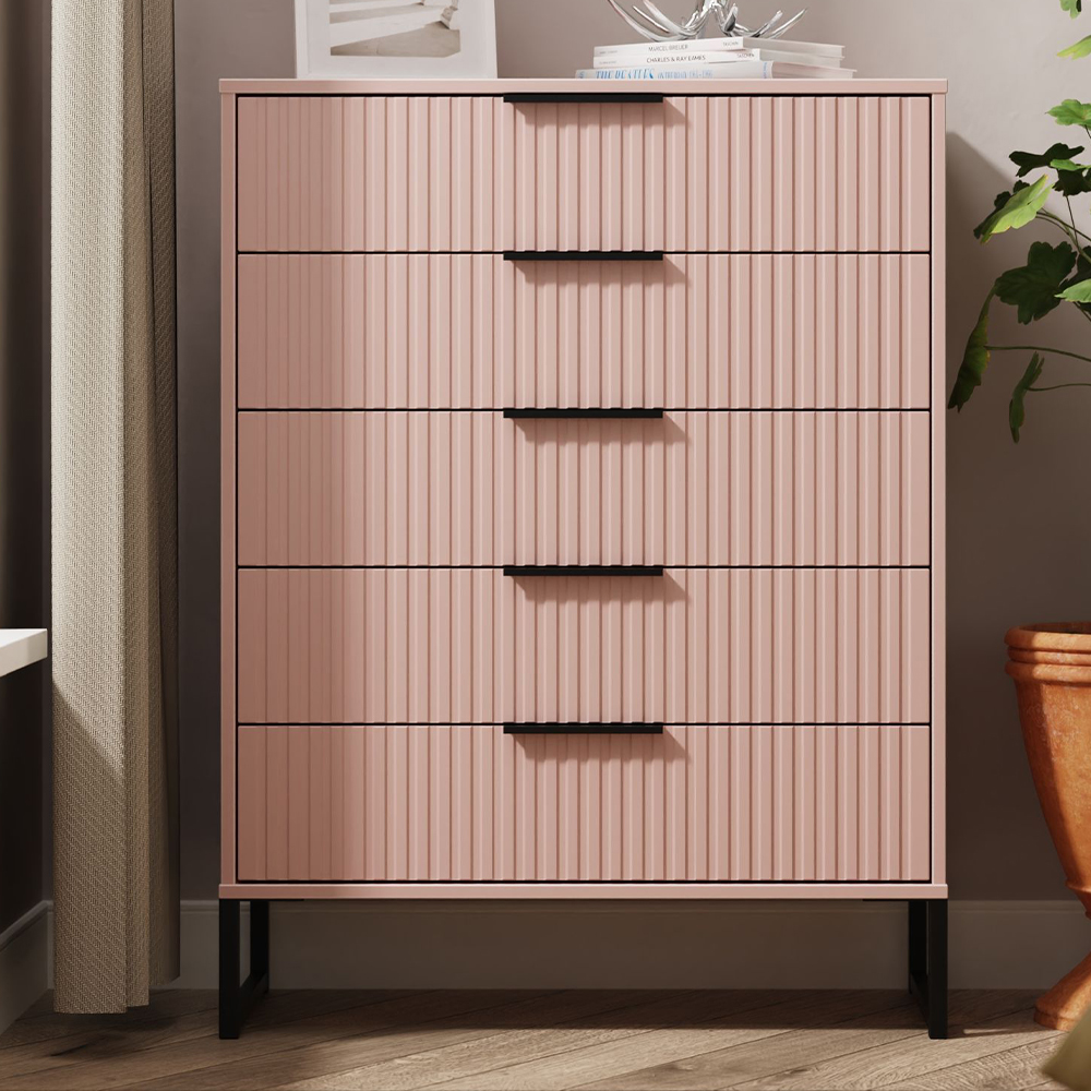 Crowndale Fluted 5 Drawer Kobe Pink Chest of Drawers Ready Assembled Image 1