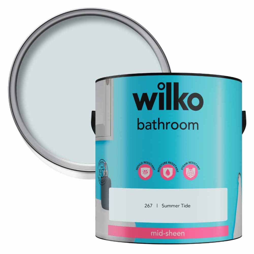 Wilko Bathroom Summer Tide Mid Sheen Emulsion Paint 2.5L Our Bathroom Emulsion Summer Tide 2.5L washable water-based paint has been specially formulated with minimal VOC content. This paint dries in 2 to 4 hours and is just the thing for family bathrooms, where moisture can be a problem. This durable water-based paint is also called latex paint. It consists of a pigment and binder that binds with water used as a carrier. Our water-based paints are the most common and environmentally responsible paint options. This paint provides great colour retention over time and produces fewer odours. Water-based paints are the most popular choice for professionals and DIY. Our paint can be used on walls, ceilings, interior and exterior wood and metal (such as front doors and skirting boards) and still provide the durability of traditional solvent-based paints. This water-based paint contains minimal VOC, meaning it has 0-0.29% of the volatile organic compound, which means the paint won't release harmful gas compared to traditional paint. Since the paint contains minimal VOC, it helps improve the air quality, is better for the environment and has a subtler odour. The container made from 30% recycled content is not recyclable.
