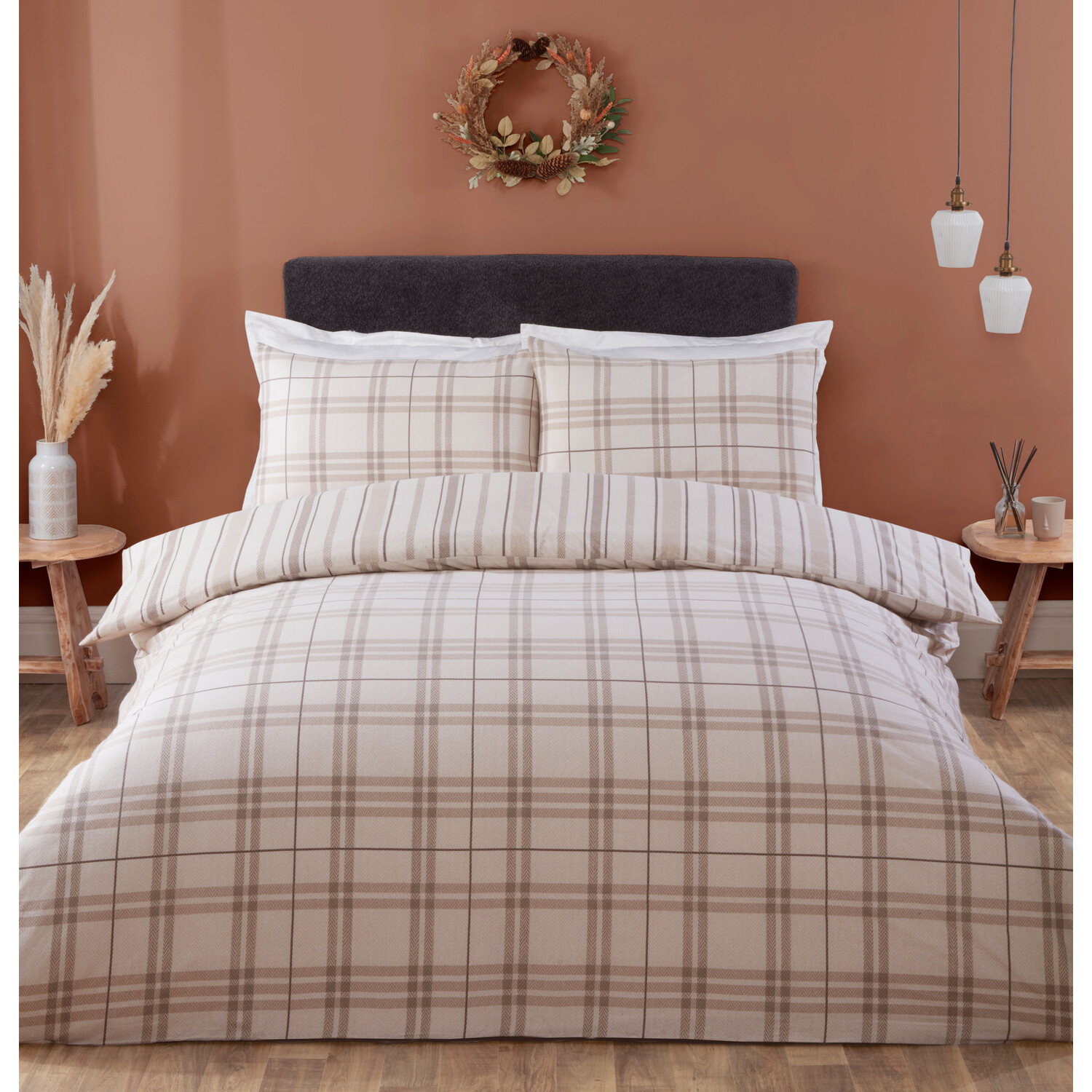 Fall Autumn Single Brown Check Duvet Cover and Pillowcase Set Image 1
