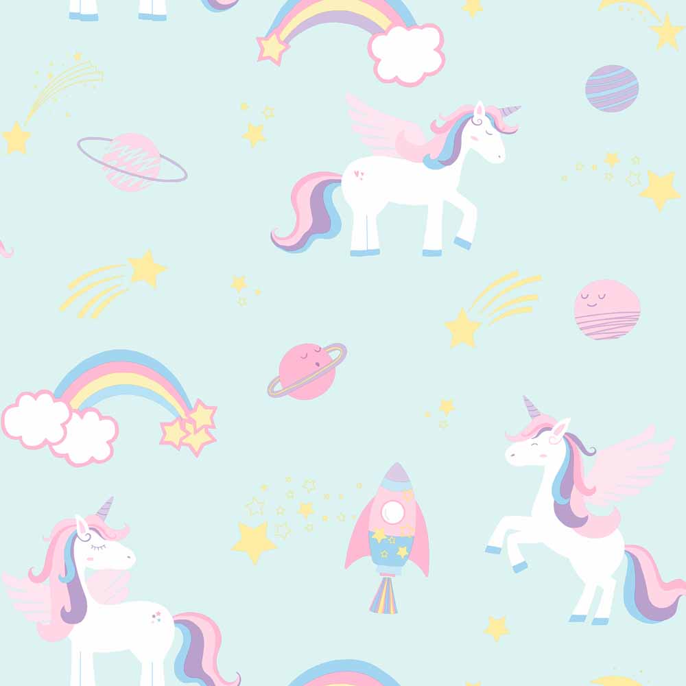 Unicorns, Rockets & Rainbows Teal Wallpaper Image 1