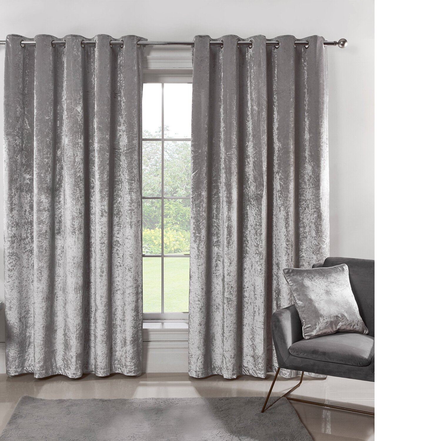 Divante Silver Crushed Velvet Eyelet Curtains 229 x 183cm Image 1